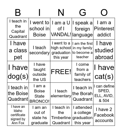 Educator's Bingo Card