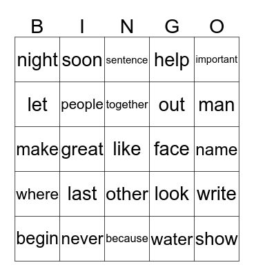 Fry Words Bingo Card