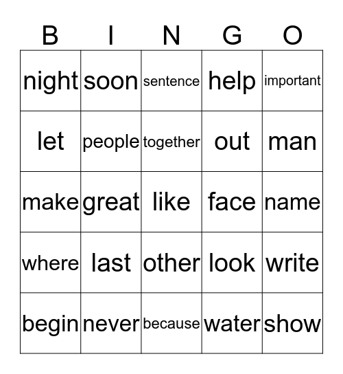 Fry Words Bingo Card