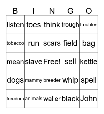 NightJohn Bingo Card