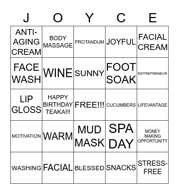 SPA DAY BINGO PRESENTED BY Bingo Card