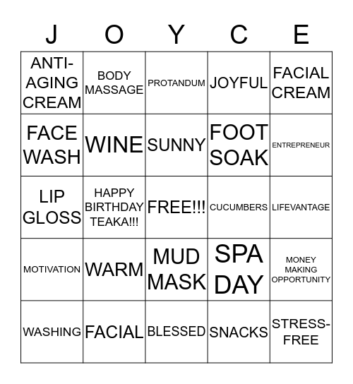 SPA DAY BINGO PRESENTED BY Bingo Card