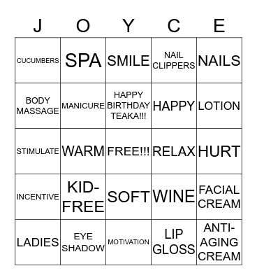 SPA DAY BINGO PRESENTED BY Bingo Card