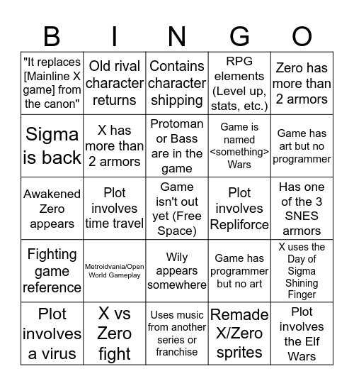 MMX Fangame Bingo Card