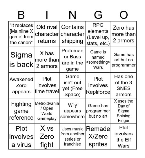 MMX Fangame Bingo Card