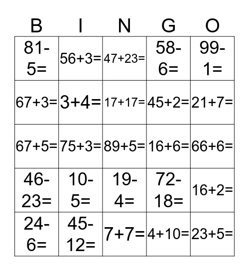 MATEMAATIKA BINGO Card