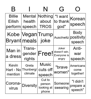 Oscars 2020 bingo! Bingo Card