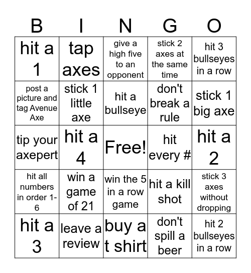 Avenue Axe Bingo Card