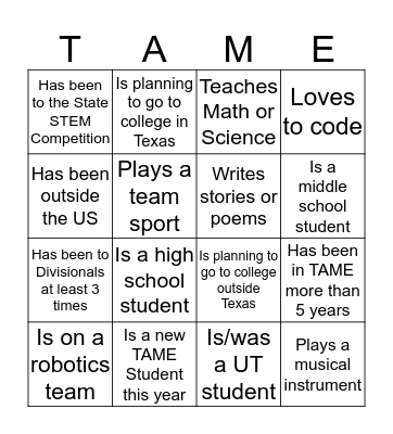 TAME Bingo! Bingo Card