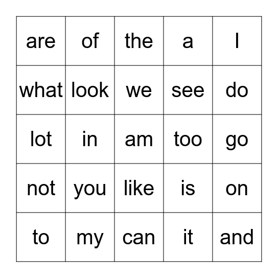 Sight Words Review Bingo Card