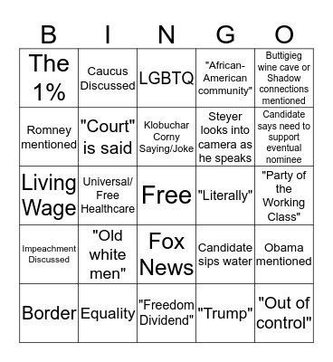 2020 Democratic Debate Bingo Card