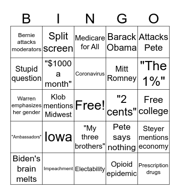 Democratic Debate Bingo Card