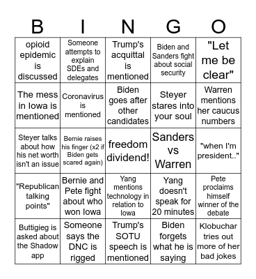 democratic debates - new hampshire (round 8)  Bingo Card