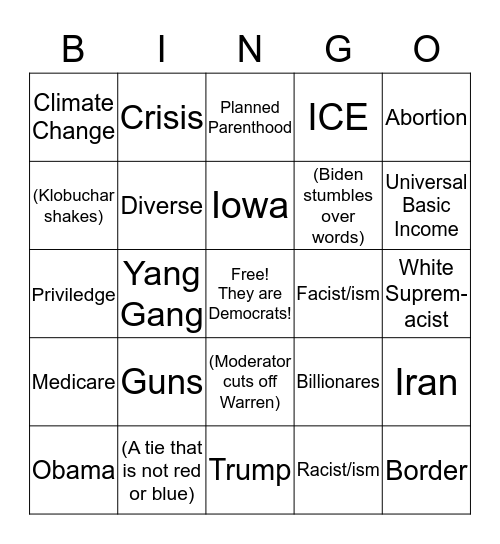 Dem Debate 2020 Bingo Card