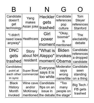 Feb. 7 Dem Debate Bingo Card