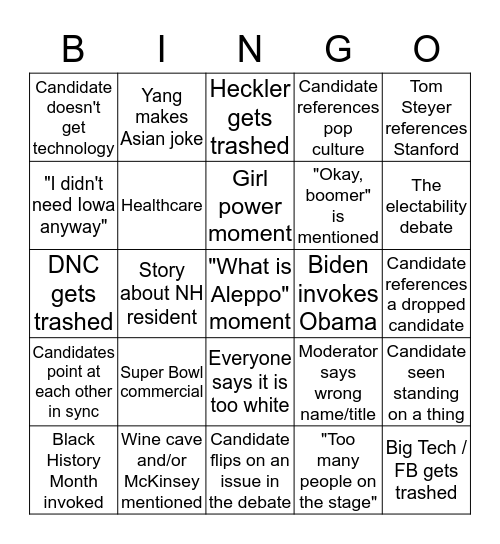 Feb. 7 Dem Debate Bingo Card