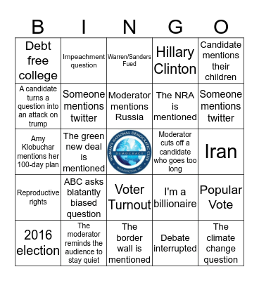 WNDC 2020 Democratic Debate Bingo Card