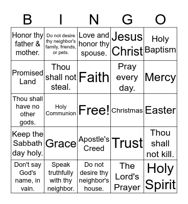 10 Commandments & Church Bingo Card