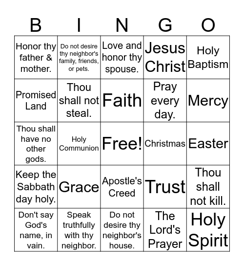 10 Commandments & Church Bingo Card