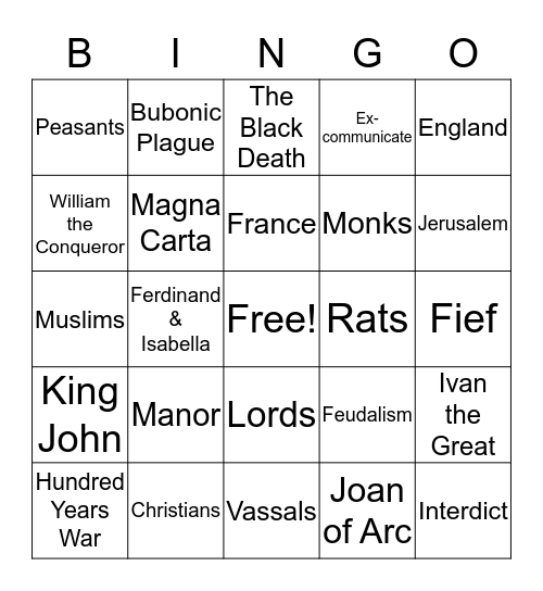 The Middle Ages Bingo Card