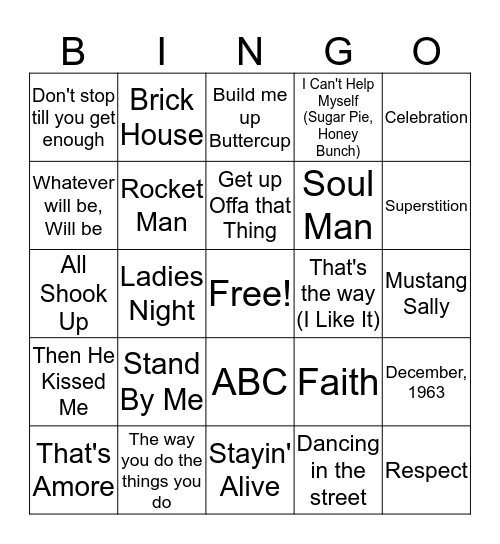 OLDIES DANCE Bingo Card