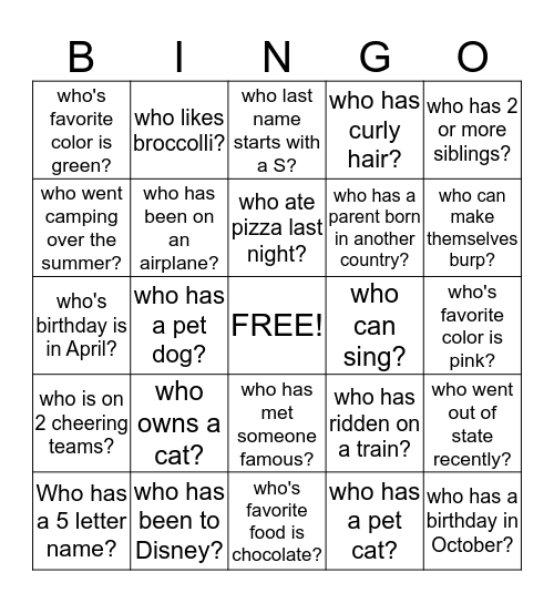 Get to know your Comets!! Bingo Card