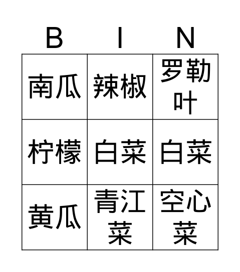 Bingo 蔬菜 Bingo Card