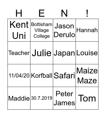 Hannah's hen party bingo!  Bingo Card