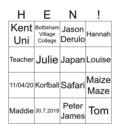 Hannah's hen party bingo!  Bingo Card