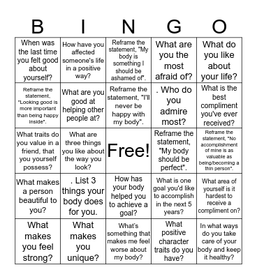 Self Love Bingo Card