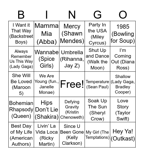 Sarah's Bridal Shower Musical Bingo Card