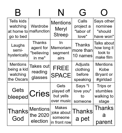 Oscars 2020 Bingo Card