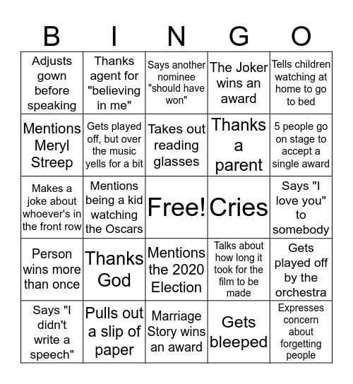 OSCARS 2020 BINGO  Bingo Card