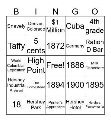 Milton Hershey Bingo Card