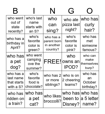 Get to know your Comets!! Bingo Card