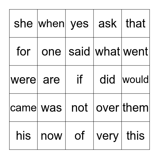 First Grade Sightwords 1 Bingo Card