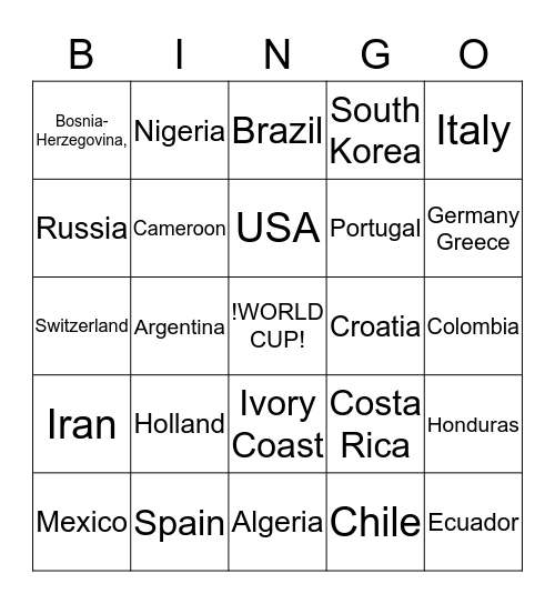 World Cup Bingo Card