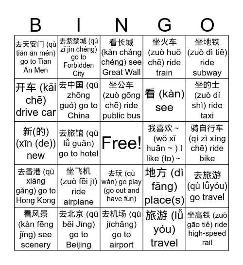 Travel Transportation Chinese Sight Seeing Bingo Card