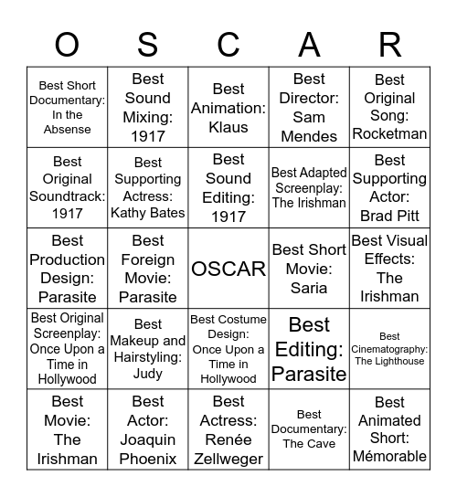 Oscar Bingo Card