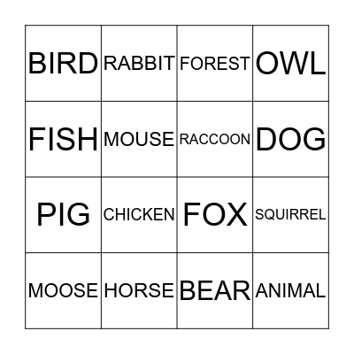 Week 12 - Animal Bingo Card
