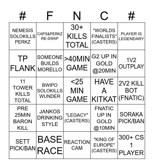 FNC VS G2 BINGO Card