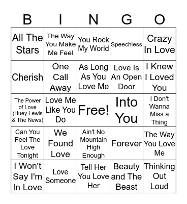 Valentine's Day Music Bingo Card