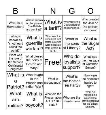 Road to Revolution Bingo Card