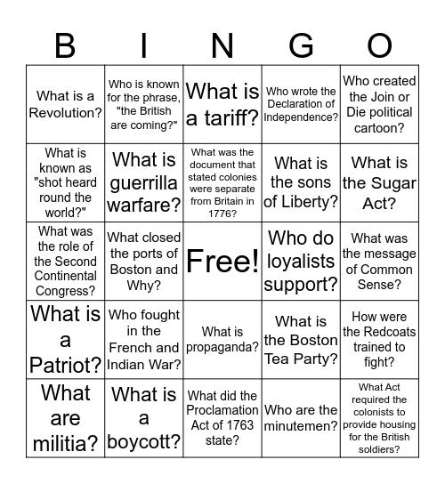 Road to Revolution Bingo Card