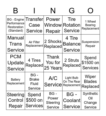 25 Years of Maywood Auto Repair  Bingo Card