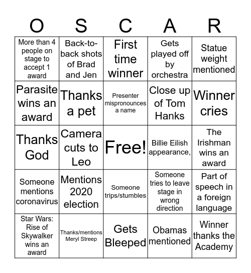 2020 Oscars Bingo Card