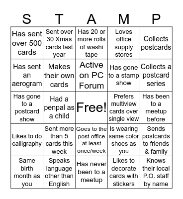 Meet your fellow Postcrossers Bingo Card