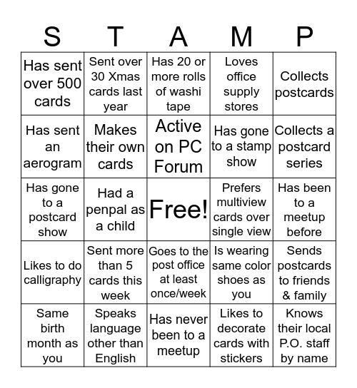 Meet your fellow Postcrossers Bingo Card