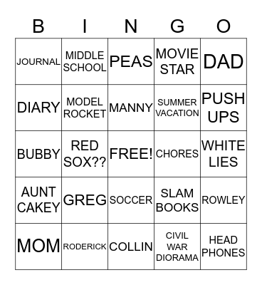 DIARY OF A WIMPY KID Bingo Card