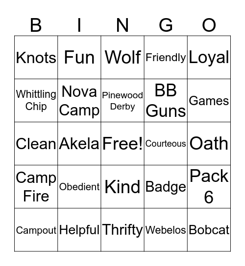 Cub Scout BINGO Card